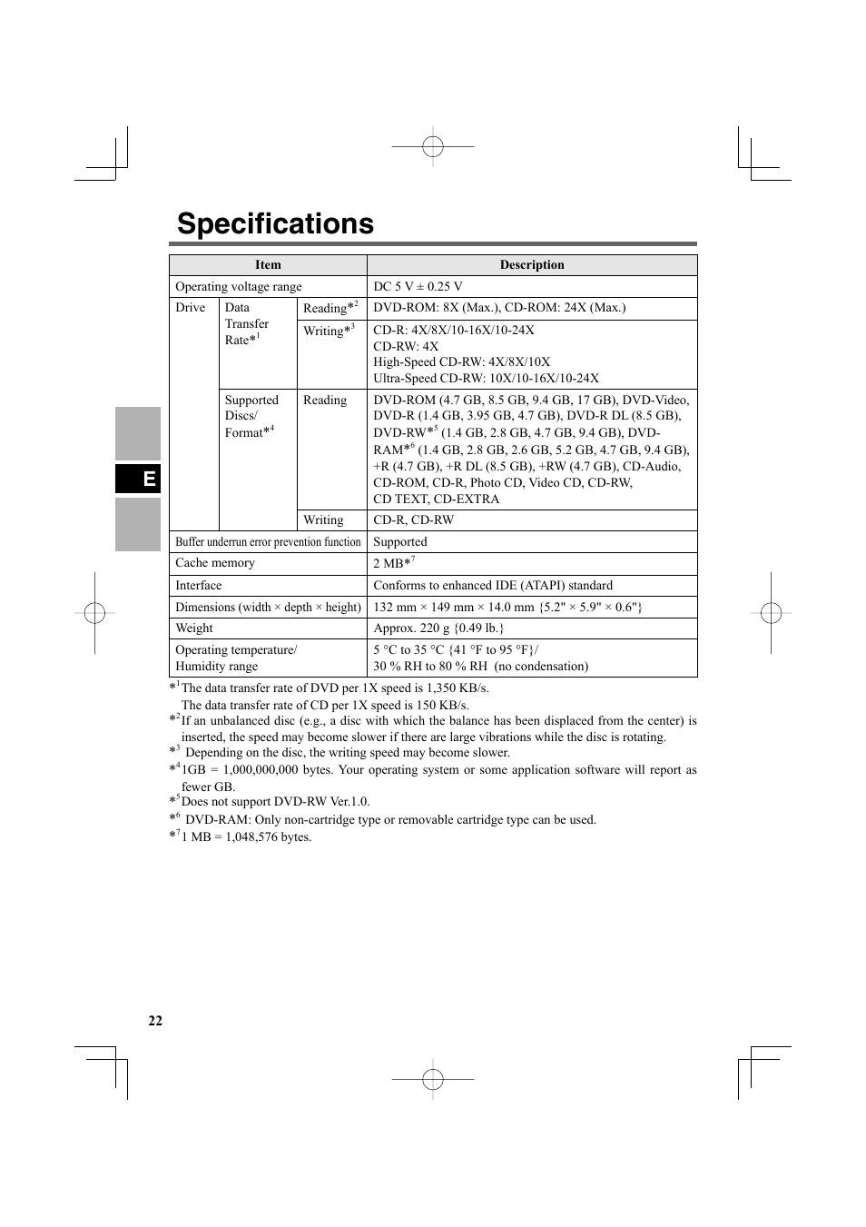 Specifi cations | Panasonic CF-VDR301U User Manual | Page 22 / 80