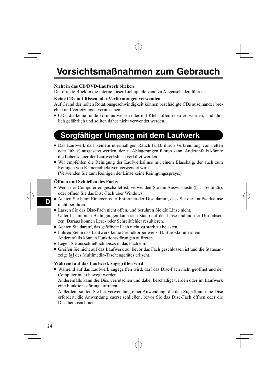 Vorsichtsmaßnahmen zum gebrauch, Sorgfältiger umgang mit dem laufwerk | Panasonic CF-VDR301U User Manual | Page 24 / 80