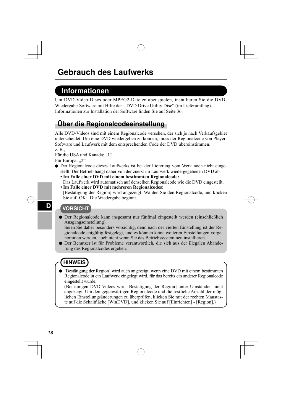 Gebrauch des laufwerks, Informationen, Über die regionalcodeeinstellung | Panasonic CF-VDR301U User Manual | Page 28 / 80