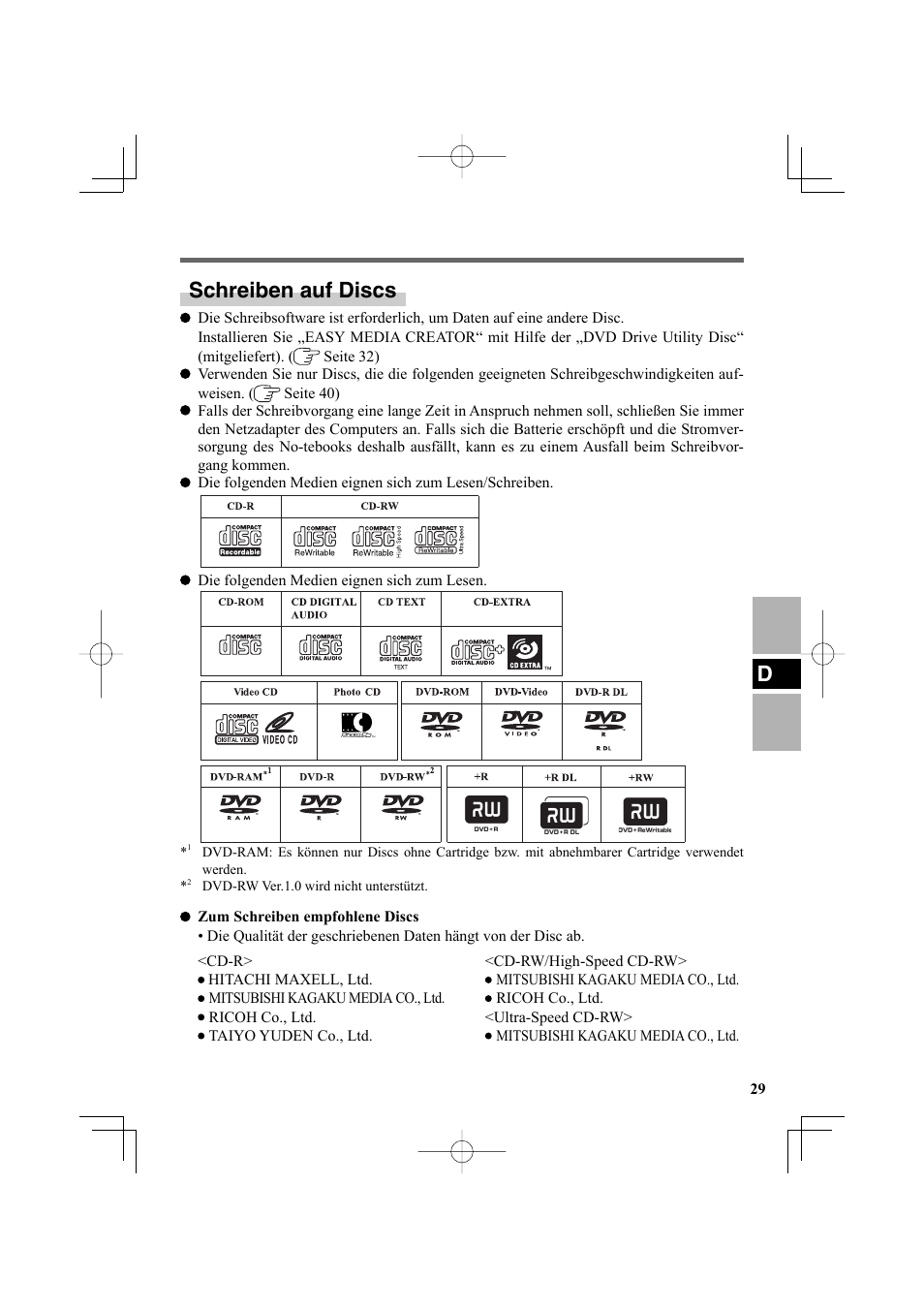 Schreiben auf discs | Panasonic CF-VDR301U User Manual | Page 29 / 80