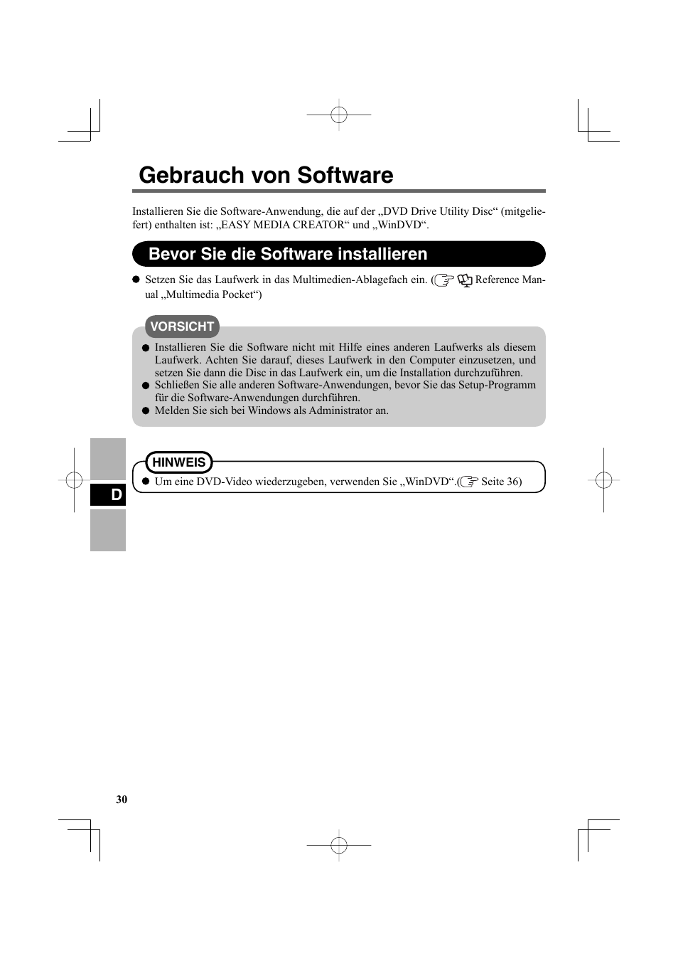 Gebrauch von software, Bevor sie die software installieren | Panasonic CF-VDR301U User Manual | Page 30 / 80