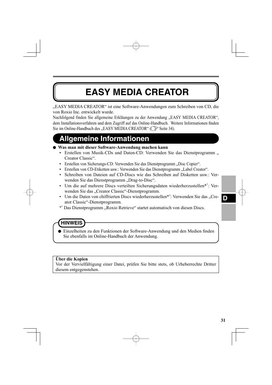 Easy media creator, Allgemeine informationen | Panasonic CF-VDR301U User Manual | Page 31 / 80