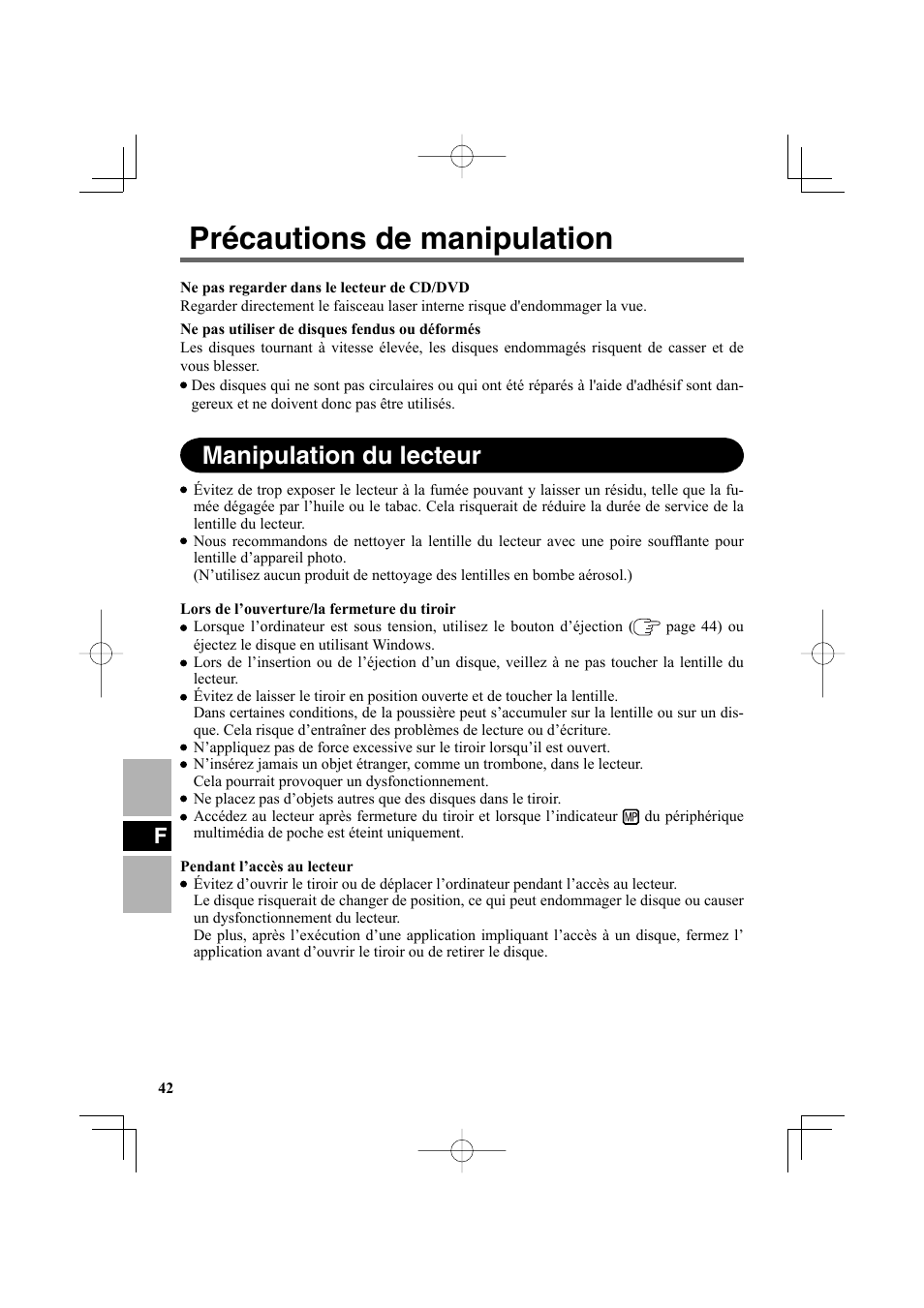 Précautions de manipulation, Manipulation du lecteur | Panasonic CF-VDR301U User Manual | Page 42 / 80