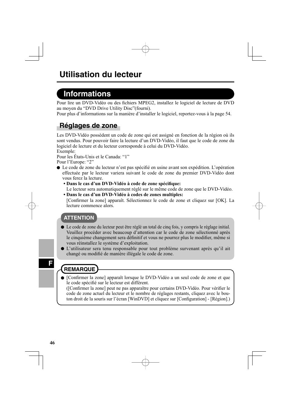 Utilisation du lecteur, Informations, Réglages de zone | Panasonic CF-VDR301U User Manual | Page 46 / 80