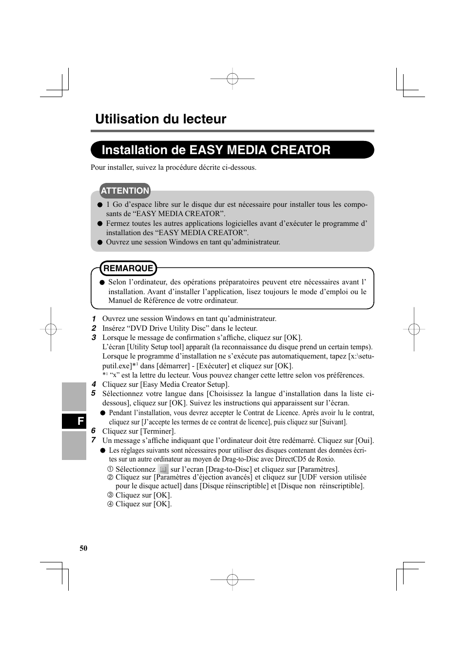 Utilisation du lecteur, Installation de easy media creator | Panasonic CF-VDR301U User Manual | Page 50 / 80