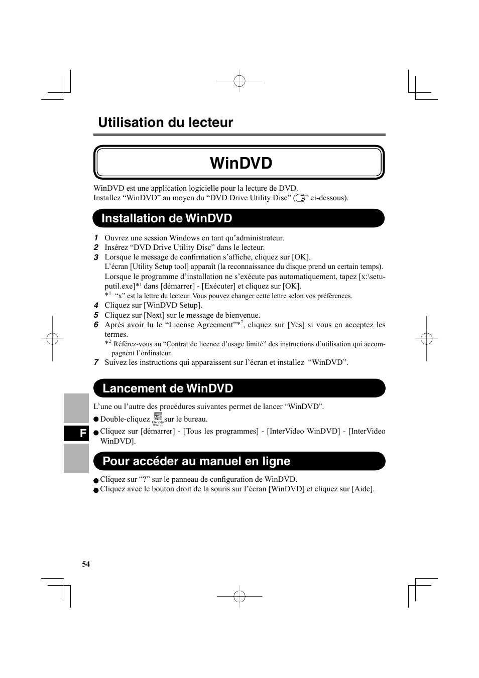 Windvd, Utilisation du lecteur, Lancement de windvd | Installation de windvd, Pour accéder au manuel en ligne | Panasonic CF-VDR301U User Manual | Page 54 / 80