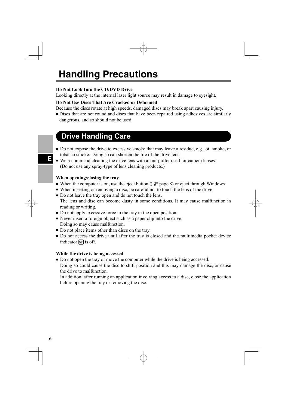 Handling precautions, Drive handling care | Panasonic CF-VDR301U User Manual | Page 6 / 80