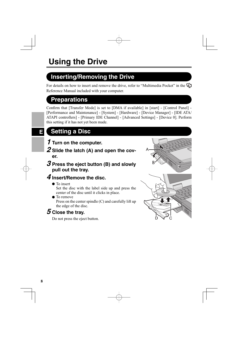 Using the drive, Inserting/removing the drive preparations, Setting a disc | Panasonic CF-VDR301U User Manual | Page 8 / 80