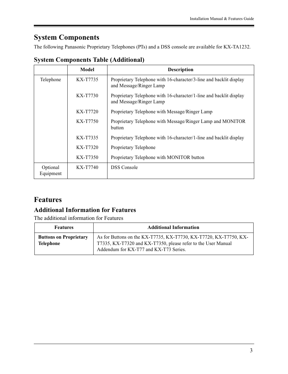 System components, Features, The additional information for features | Panasonic KX-TA1232 User Manual | Page 3 / 16