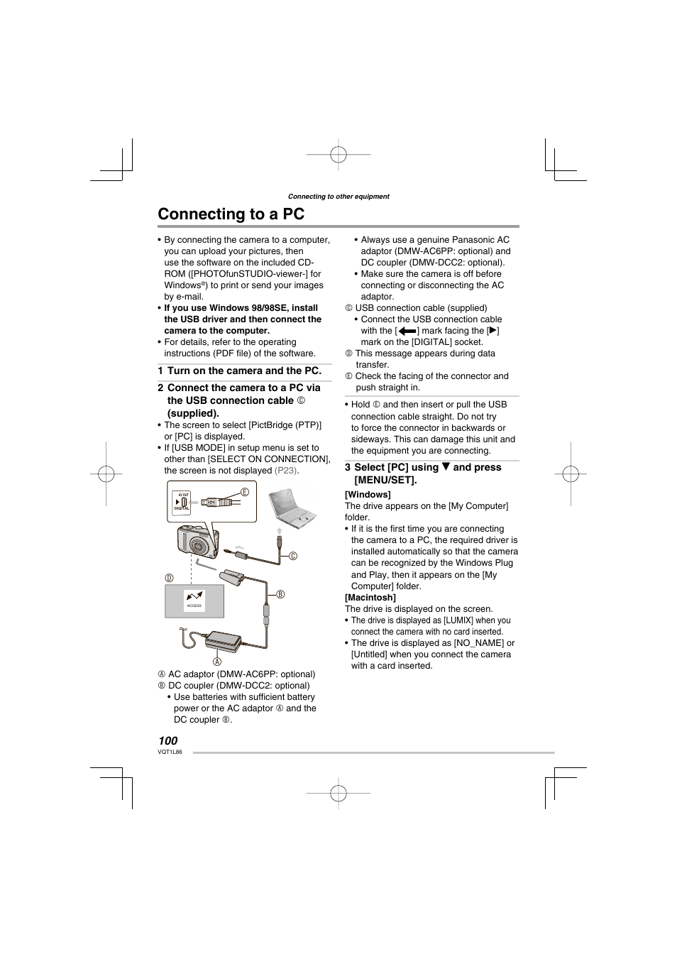 Connecting to other equipment, Connecting to a pc, Cb d a | Panasonic DMC-LZ8 User Manual | Page 100 / 140