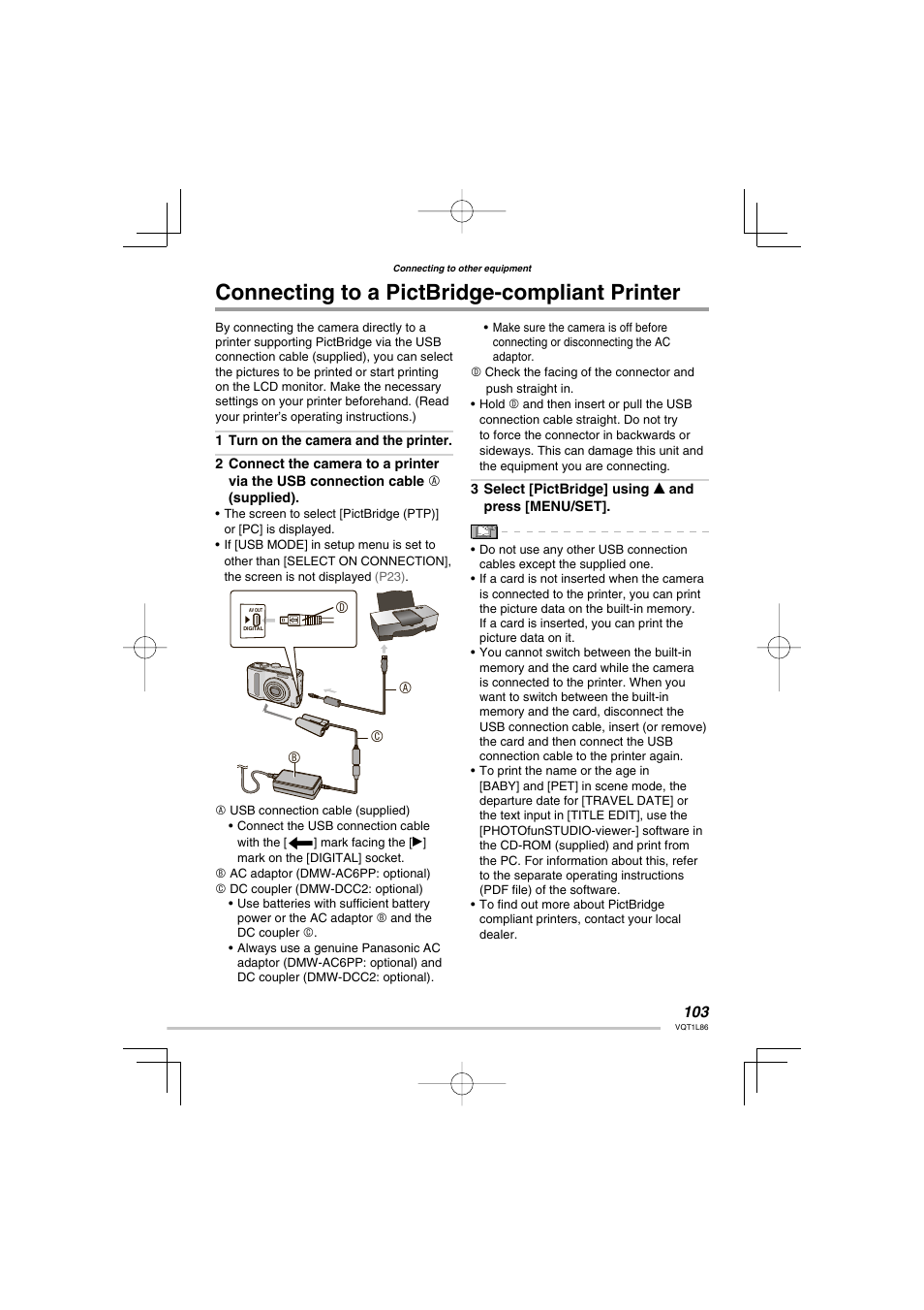 Connecting to a pict-bridgecompliant printer, Connecting to a pictbridge-compliant printer | Panasonic DMC-LZ8 User Manual | Page 103 / 140