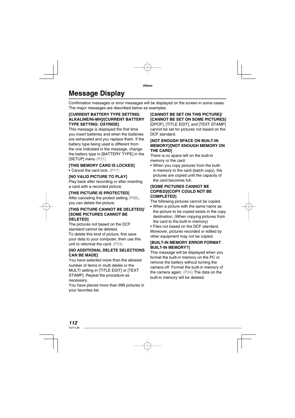 Message display | Panasonic DMC-LZ8 User Manual | Page 112 / 140