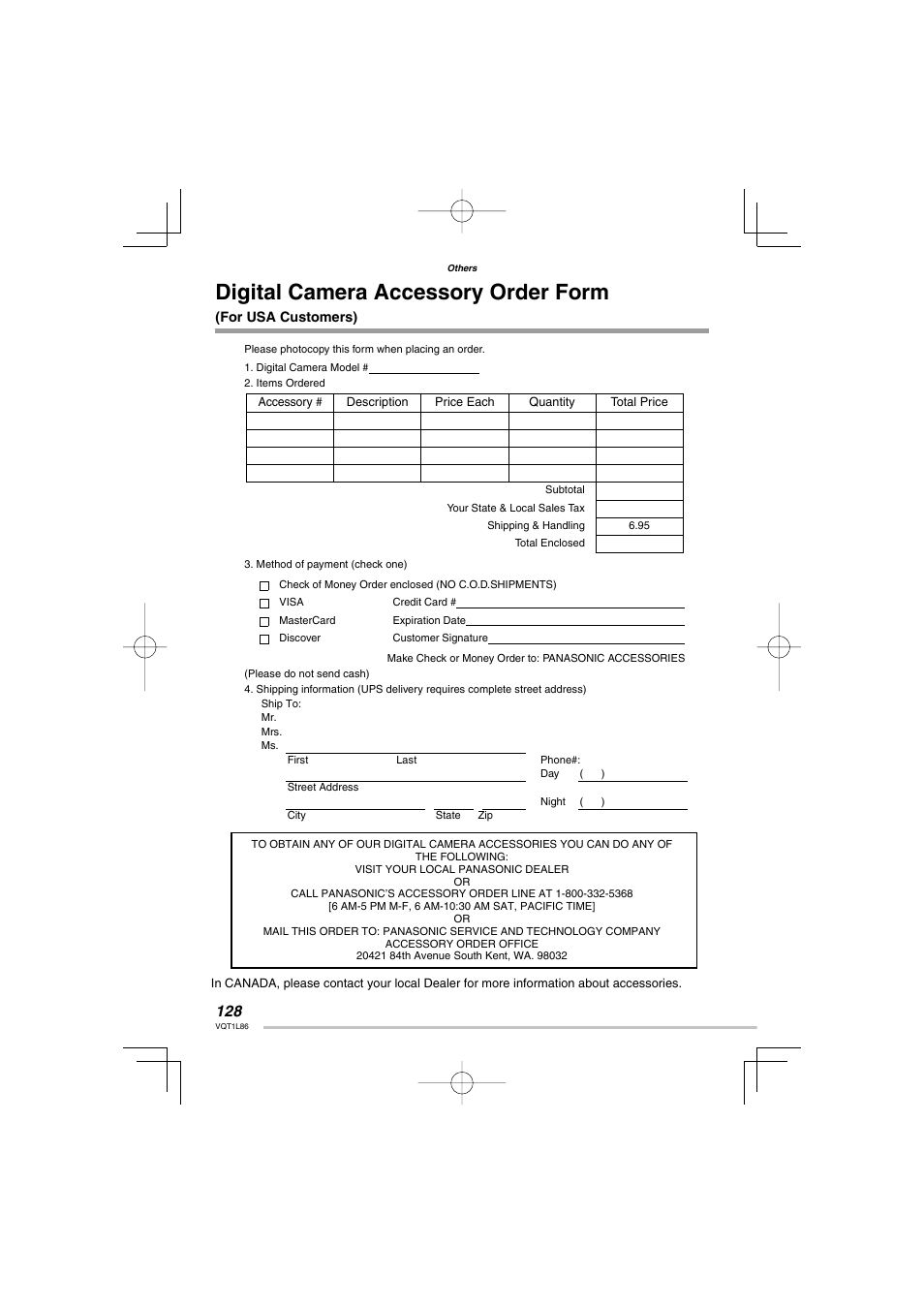 Digital camera accessory order form | Panasonic DMC-LZ8 User Manual | Page 128 / 140
