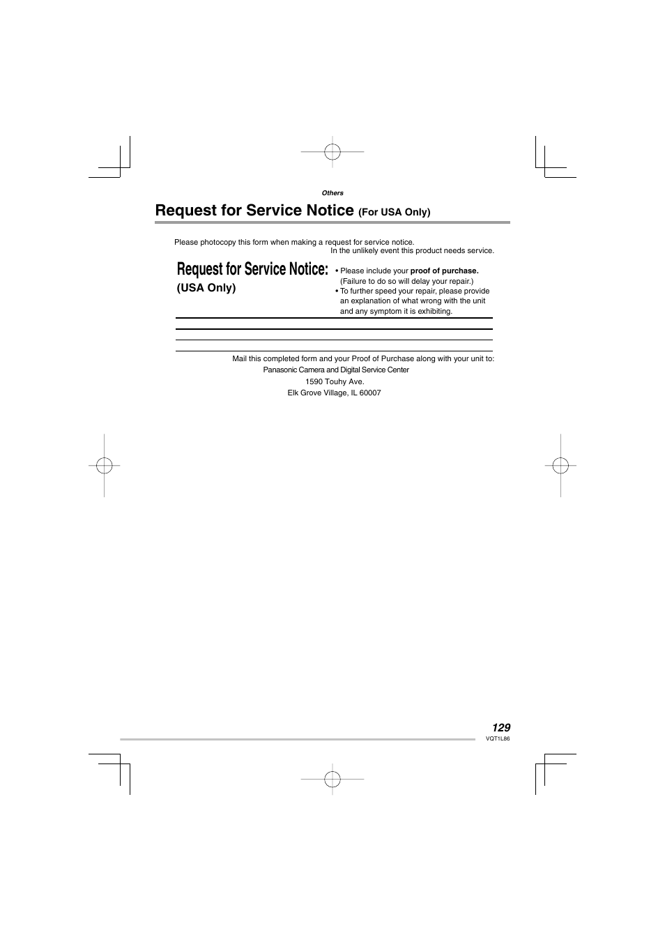 Request for service notice (for usa only), Request for service notice | Panasonic DMC-LZ8 User Manual | Page 129 / 140