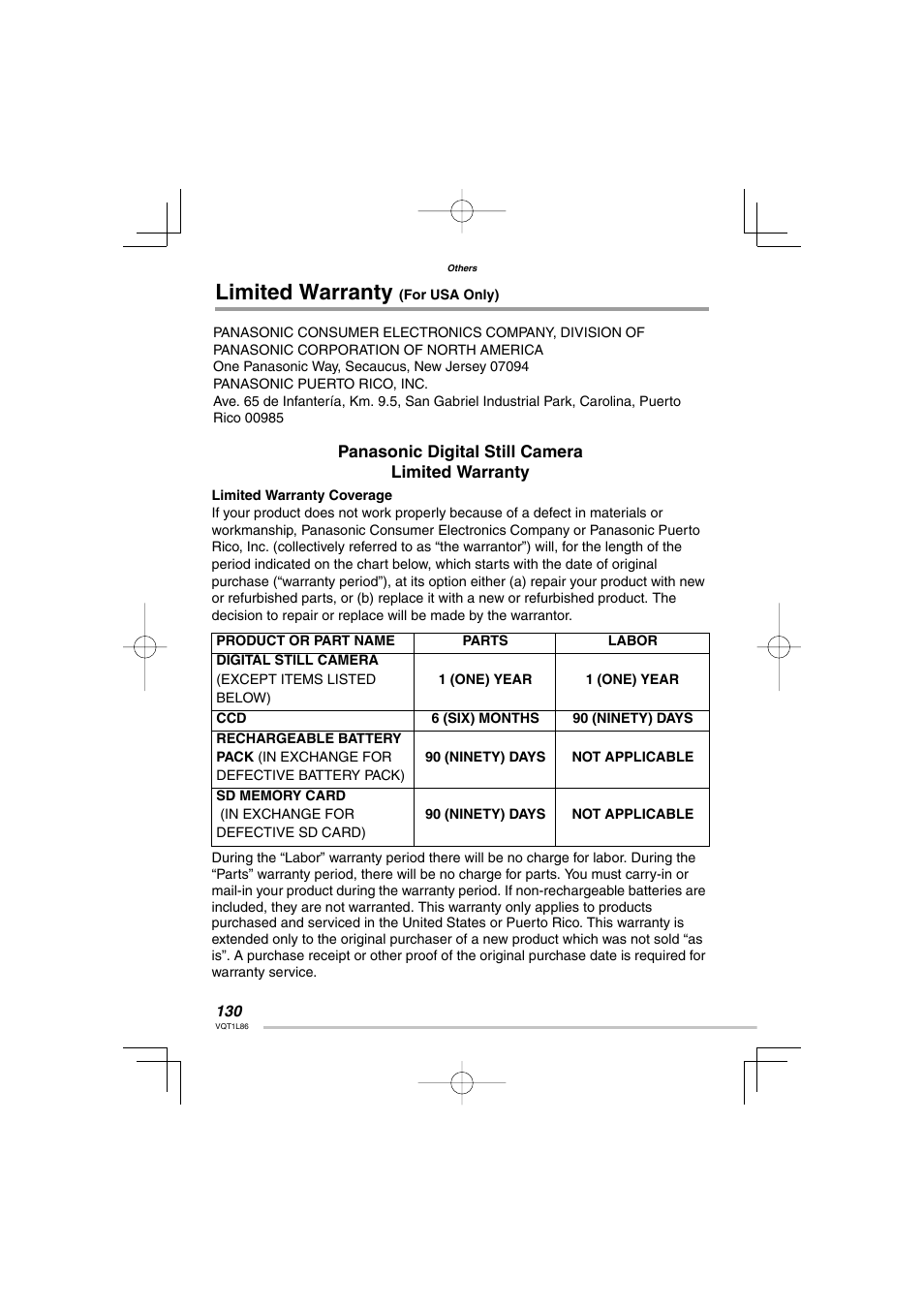 Limited warranty (for usa only), Limited warranty | Panasonic DMC-LZ8 User Manual | Page 130 / 140