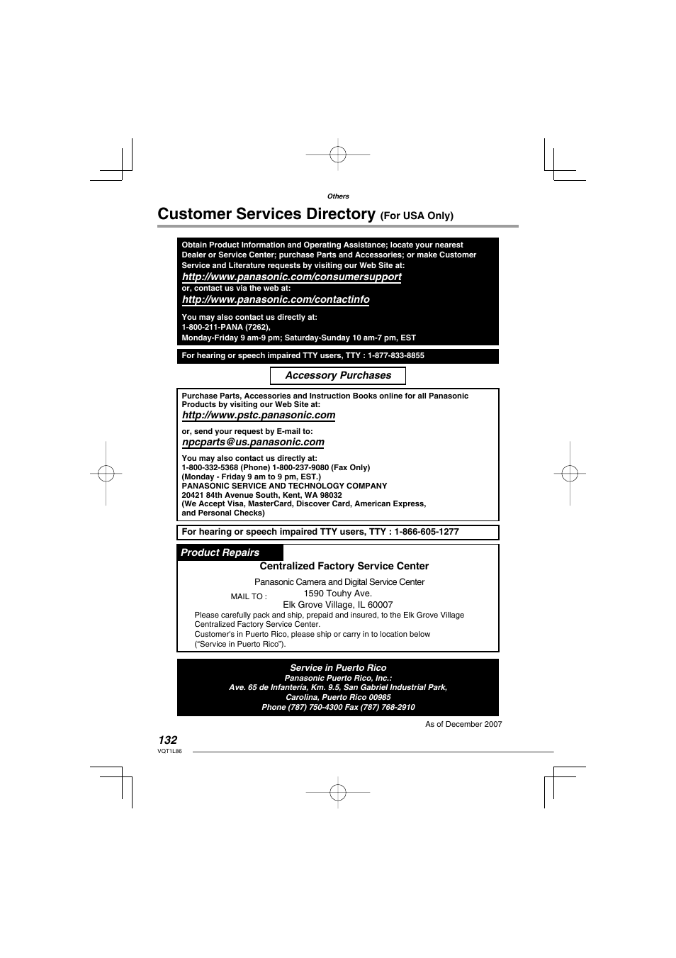 Customer services directory (for usa only), Customer services directory | Panasonic DMC-LZ8 User Manual | Page 132 / 140