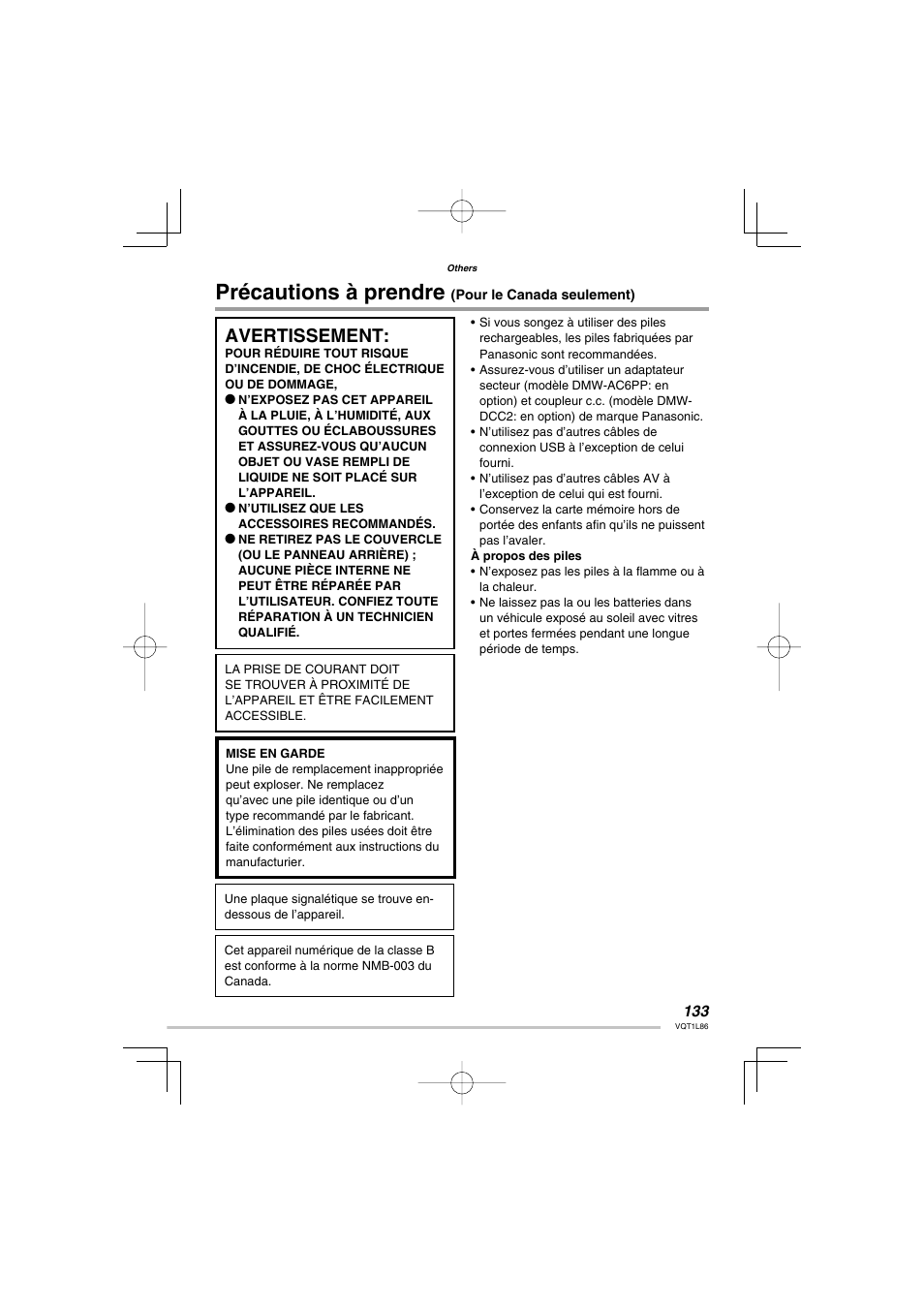 Précautions à prendre (pour le canada seulement), Précautions à prendre, Avertissement | Panasonic DMC-LZ8 User Manual | Page 133 / 140
