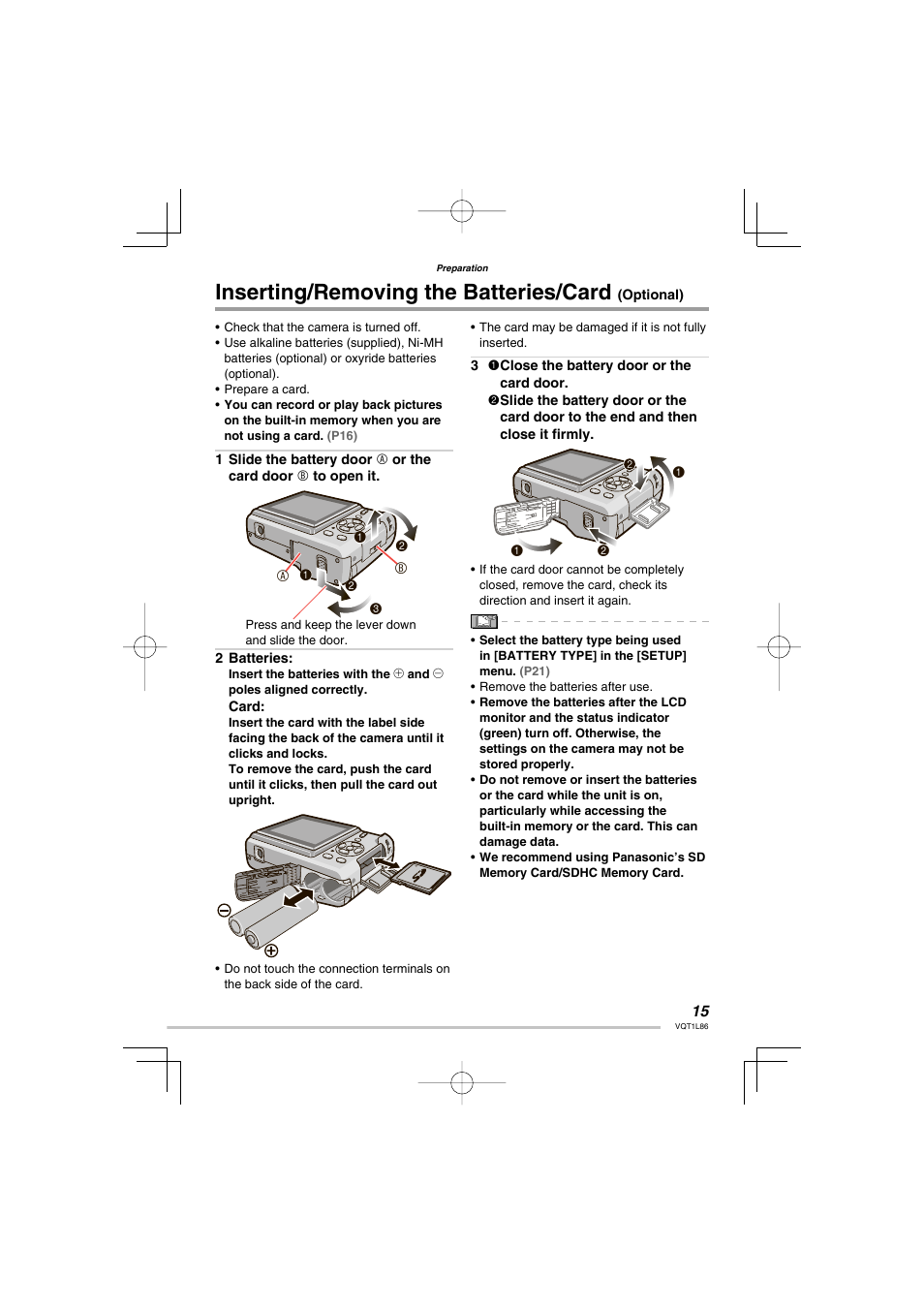 Inserting/removing the batteries/card (optional), Inserting/removing the batteries/card | Panasonic DMC-LZ8 User Manual | Page 15 / 140