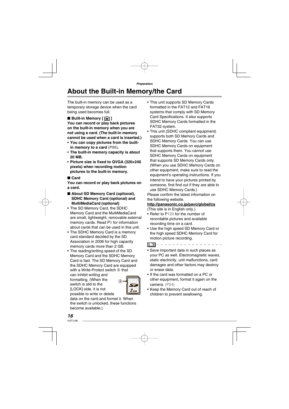 About the built-in memory/the card | Panasonic DMC-LZ8 User Manual | Page 16 / 140