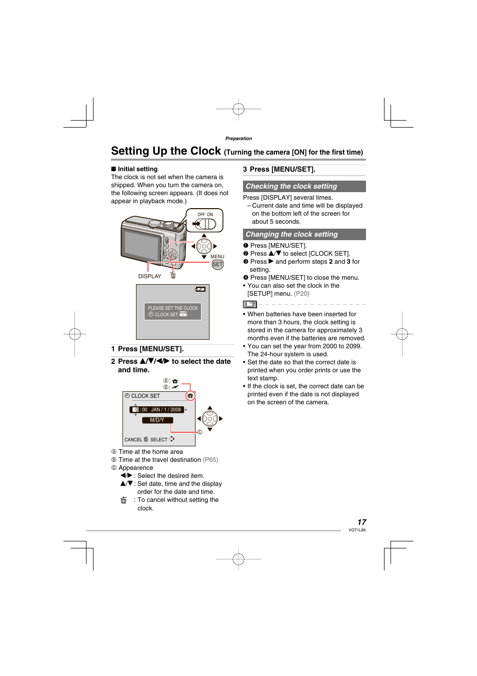 Setting up the clock | Panasonic DMC-LZ8 User Manual | Page 17 / 140