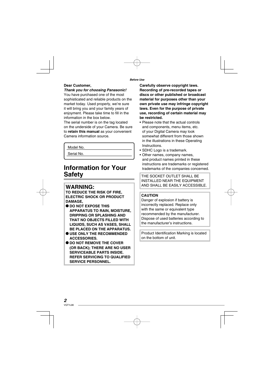 Before use, Information for your safety, Warning | Panasonic DMC-LZ8 User Manual | Page 2 / 140