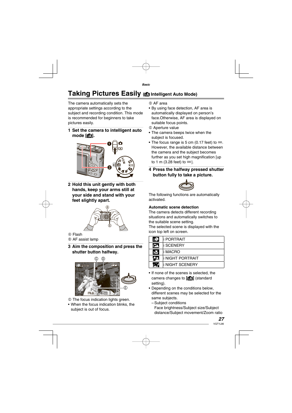 Basic, Taking pictures easily ( intelligent auto mode), Taking pictures easily | Panasonic DMC-LZ8 User Manual | Page 27 / 140