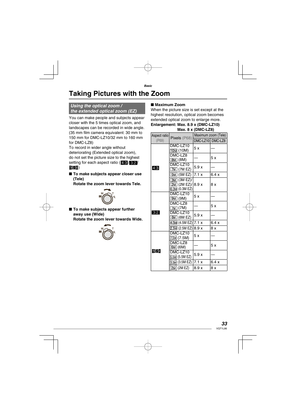 Taking pictures with the zoom | Panasonic DMC-LZ8 User Manual | Page 33 / 140