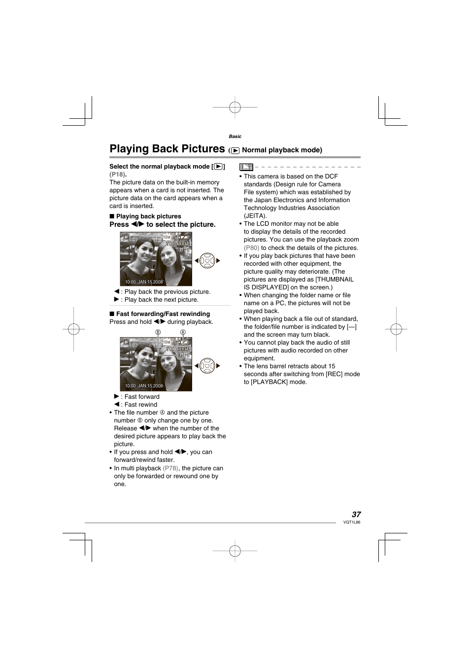 Playing back pictures (q normal playback mode), Playing back pictures | Panasonic DMC-LZ8 User Manual | Page 37 / 140