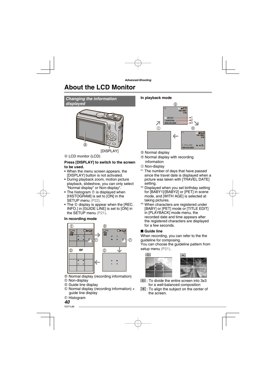 Advanced-shooting, About the lcd monitor, Be c d | Gi h, Changing the information displayed | Panasonic DMC-LZ8 User Manual | Page 40 / 140