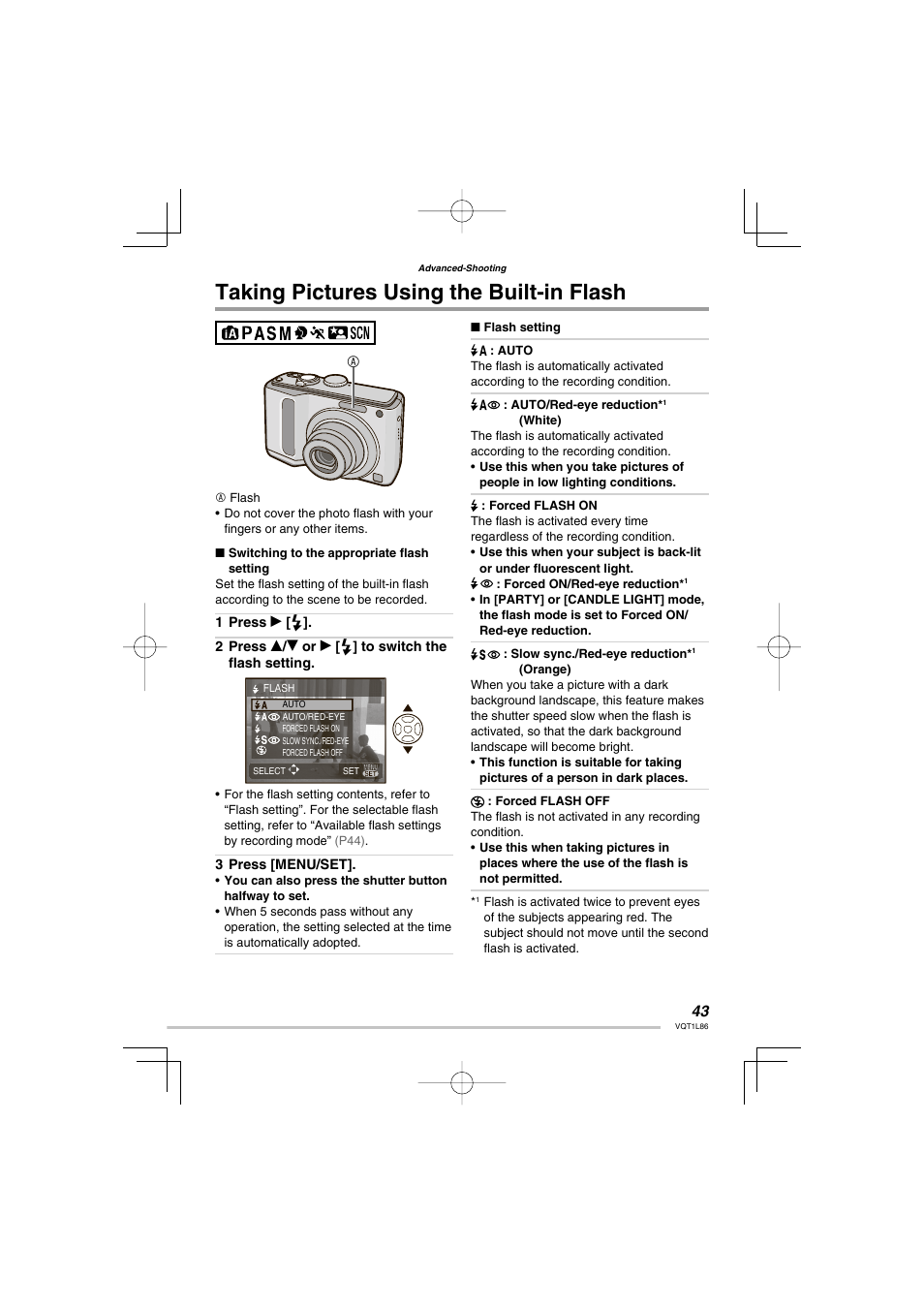 Taking pictures using the built-in flash | Panasonic DMC-LZ8 User Manual | Page 43 / 140
