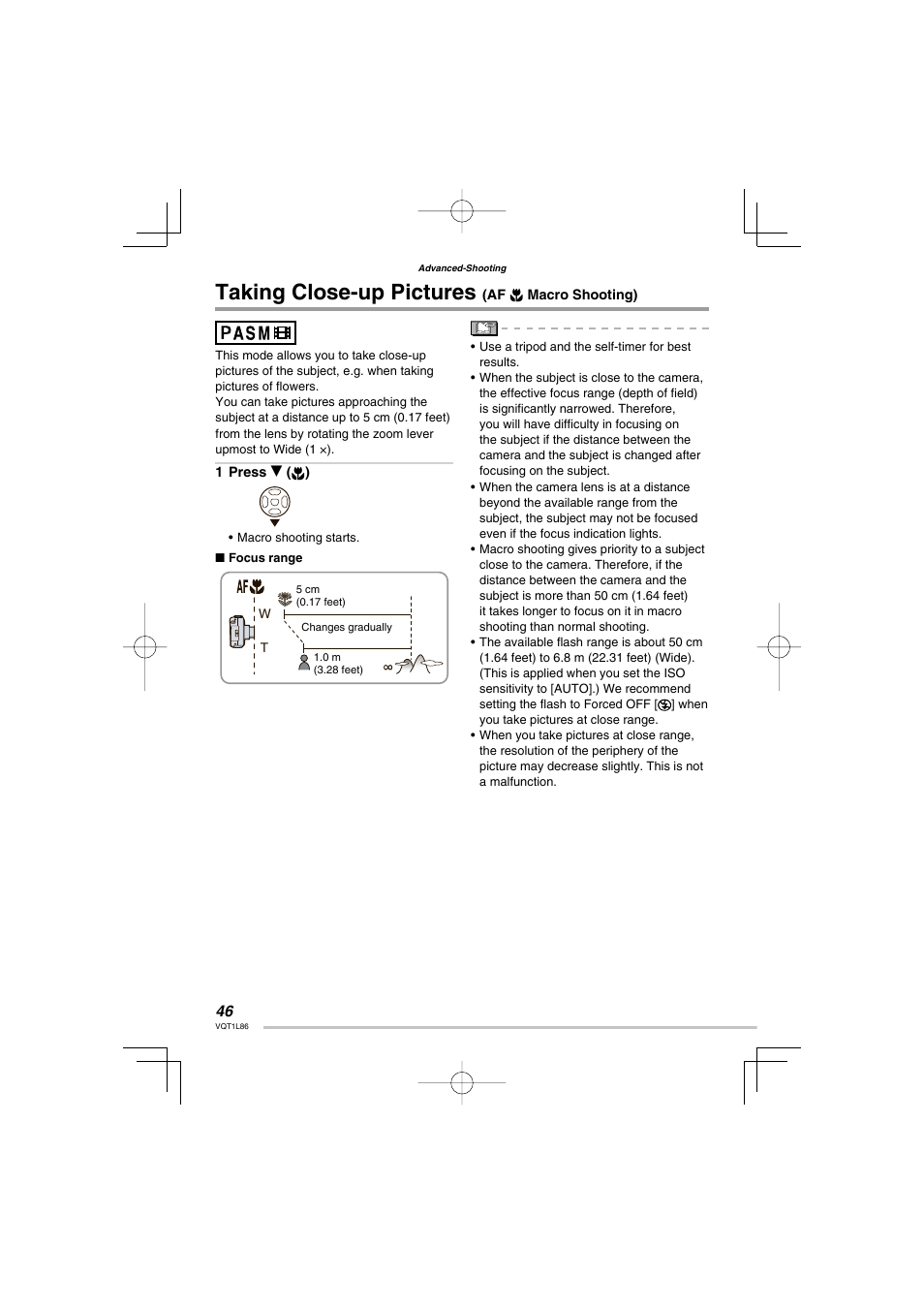 Taking close-up pictures (af w macro shooting), Taking close-up pictures | Panasonic DMC-LZ8 User Manual | Page 46 / 140