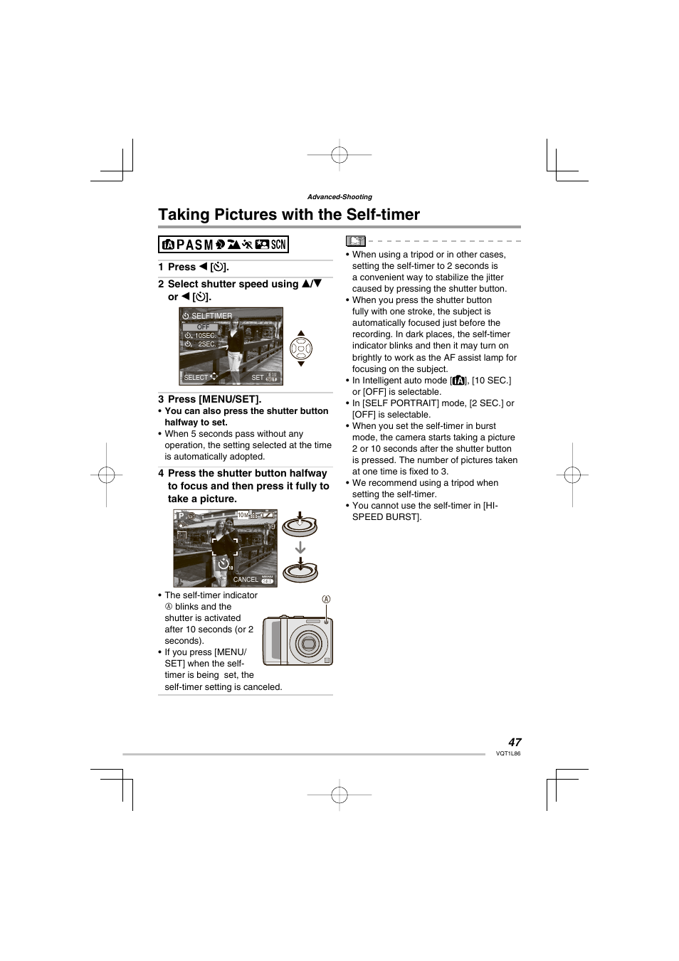 Taking pictures with the self-timer | Panasonic DMC-LZ8 User Manual | Page 47 / 140