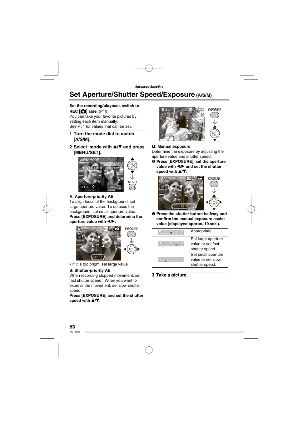 Set aperture/shutter speed/exposure (a/s/m), Set aperture/shutter speed/exposure | Panasonic DMC-LZ8 User Manual | Page 50 / 140