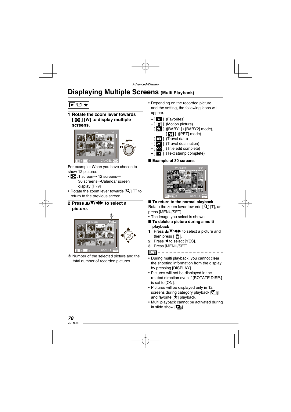 Advanced-viewing, Displaying multiple screens (multi playback), Displaying multiple screens | Panasonic DMC-LZ8 User Manual | Page 78 / 140