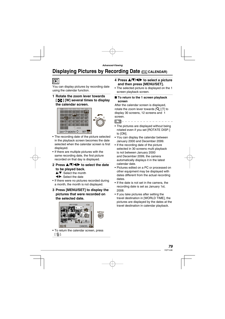 Displaying pictures by recording date ( calendar), Displaying pictures by recording date, Calendar) | Panasonic DMC-LZ8 User Manual | Page 79 / 140