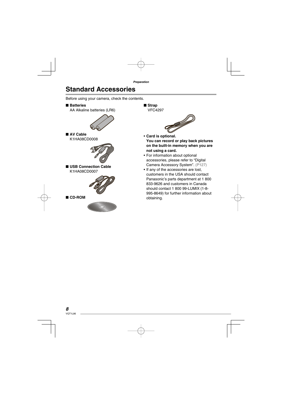 Preparation, Standard accessories | Panasonic DMC-LZ8 User Manual | Page 8 / 140
