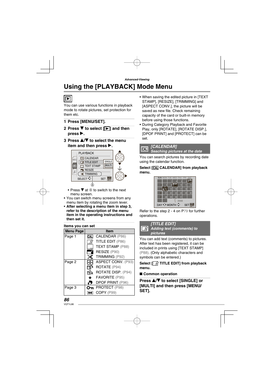 Using the [playback] mode menu, Calendar, Title edit | Panasonic DMC-LZ8 User Manual | Page 86 / 140