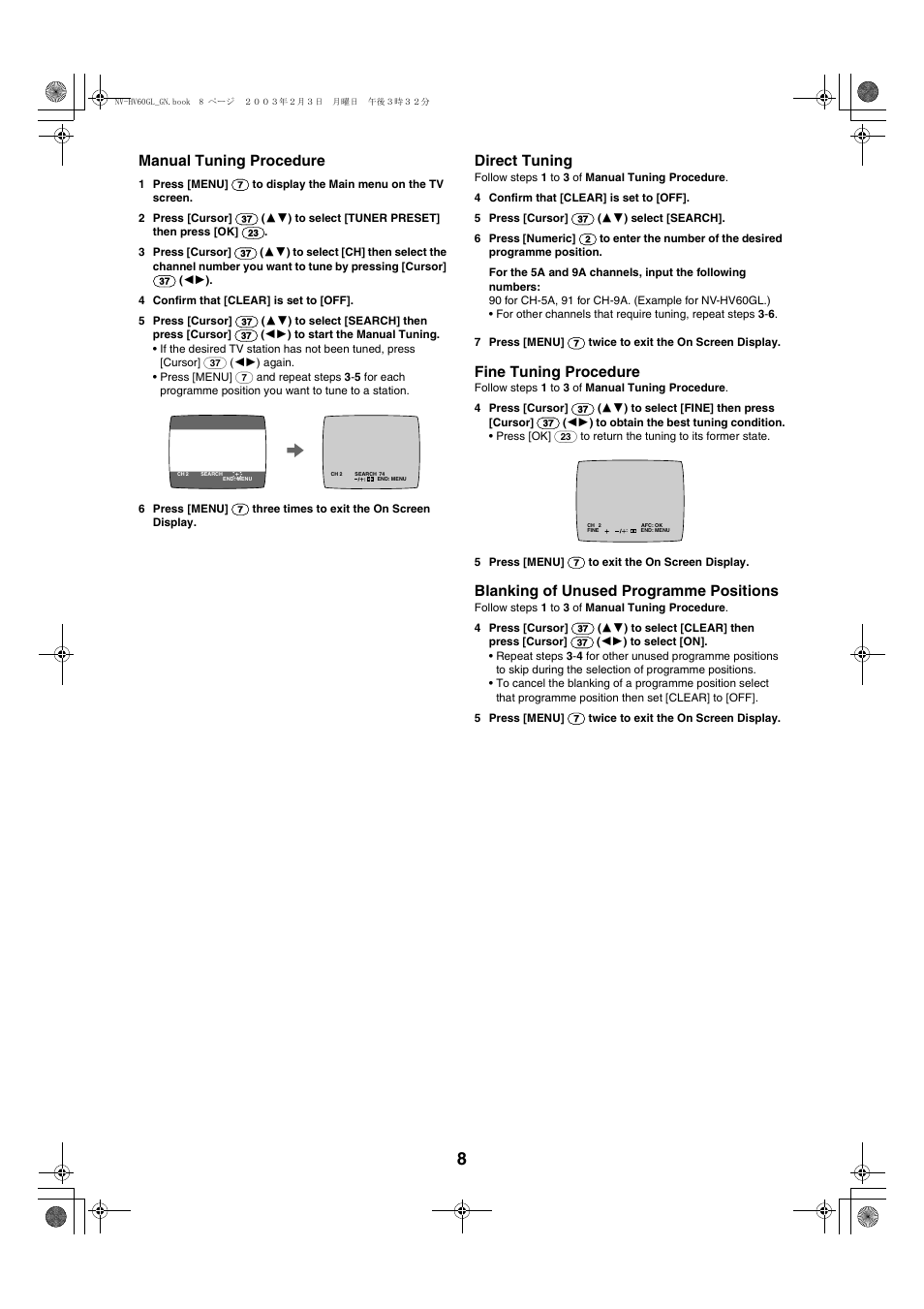 Manual tuning procedure, Direct tuning, Fine tuning procedure | Blanking of unused programme positions | Panasonic NV-HV60  EN User Manual | Page 8 / 24