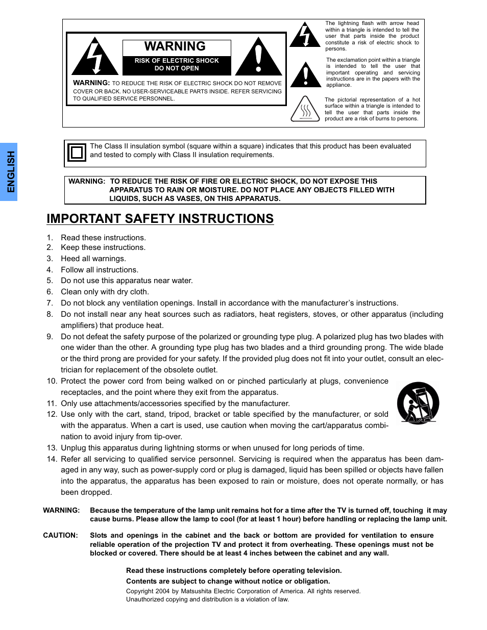 Warning, Important safety instructions, English | Panasonic PT-50DL54X User Manual | Page 2 / 112