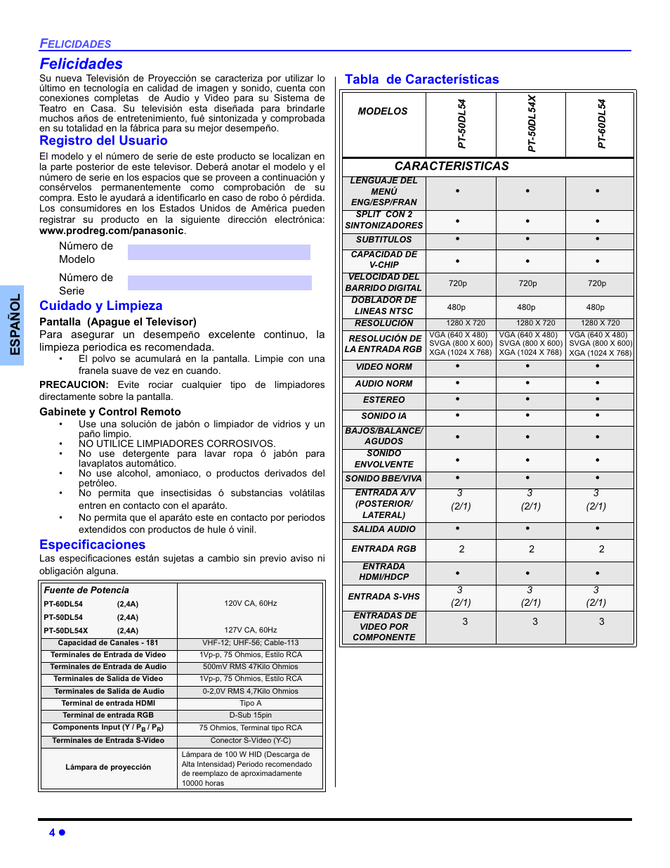 Felicidades, Esp añol, Registro del usuario | Cuidado y limpieza, Especificaciones, Tabla de características, Caracteristicas | Panasonic PT-50DL54X User Manual | Page 42 / 112