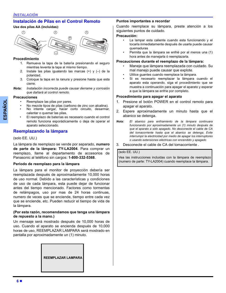 Esp añol instalación de pilas en el control remoto, Reemplazando la lámpara | Panasonic PT-50DL54X User Manual | Page 44 / 112