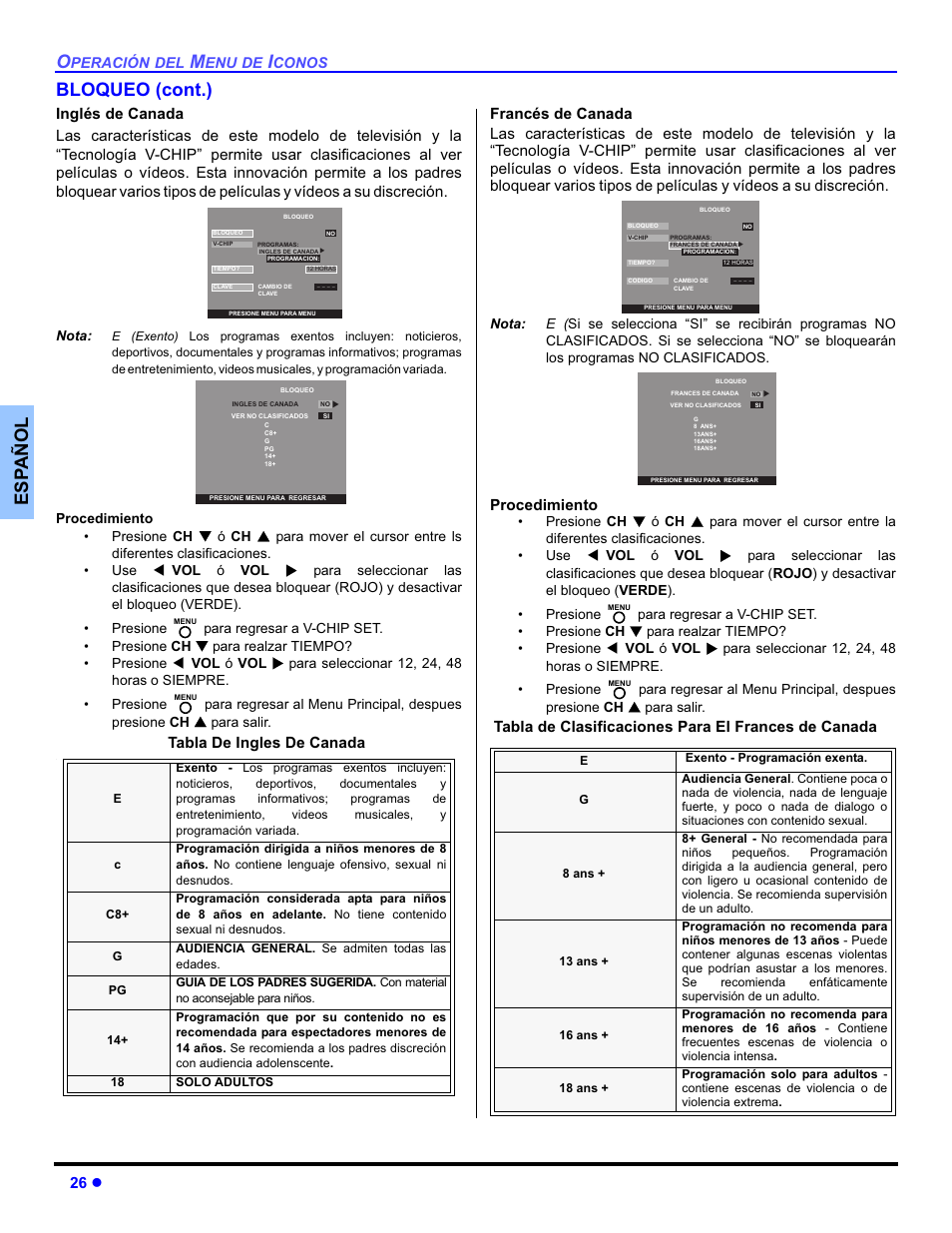 Esp añol bloqueo (cont.), 26 z, Tabla de ingles de canada | Procedimiento, Tabla de clasificaciones para el frances de canada | Panasonic PT-50DL54X User Manual | Page 64 / 112