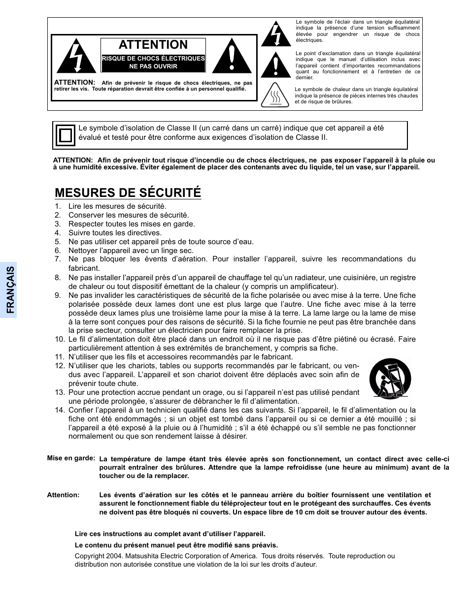 Attention, Mesures de sécurité, Français | Panasonic PT-50DL54X User Manual | Page 72 / 112