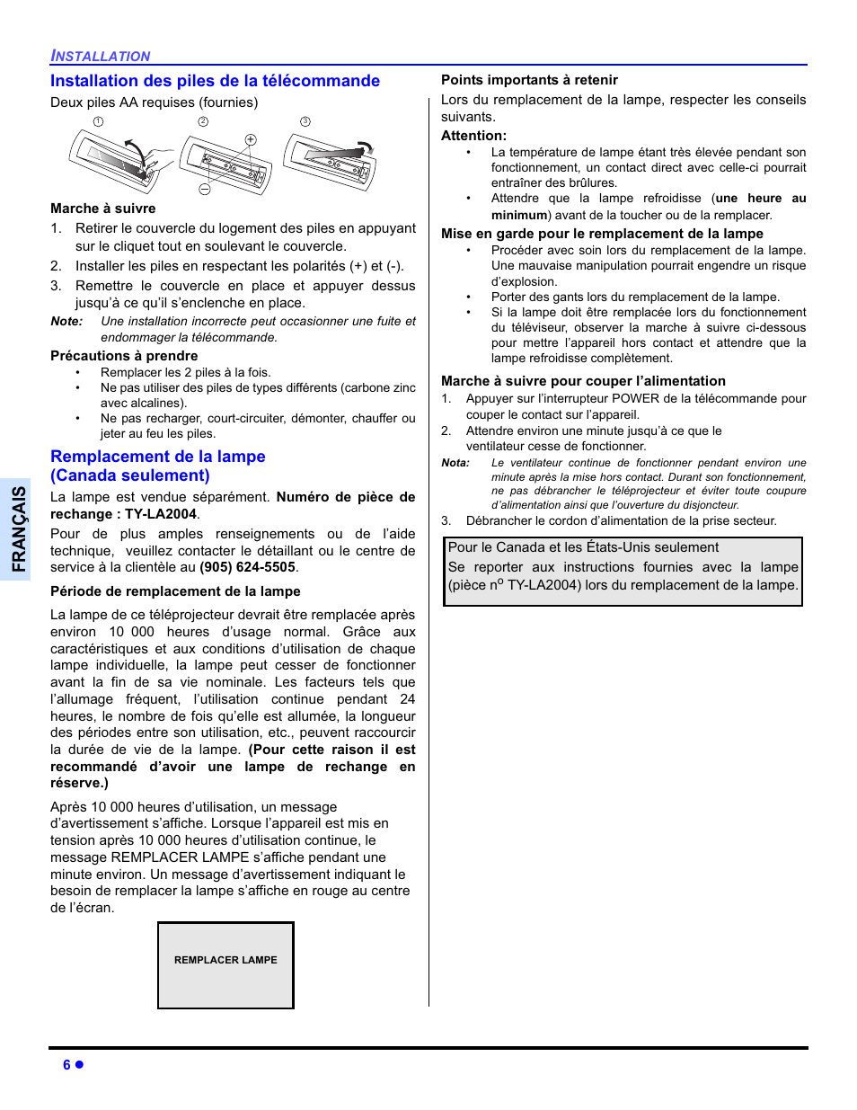 Français, Installation des piles de la télécommande, Remplacement de la lampe (canada seulement) | Panasonic PT-50DL54X User Manual | Page 78 / 112