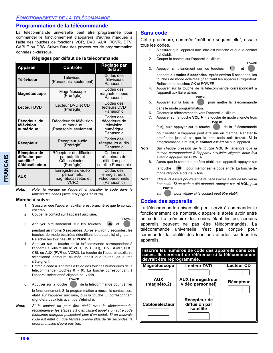 Français, Programmation de la télécommande, Sans code | Codes des appareils | Panasonic PT-50DL54X User Manual | Page 88 / 112