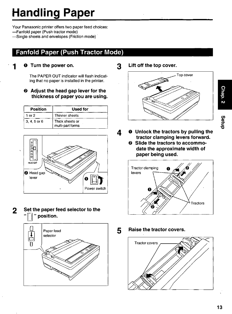 Handling paper, Fanfold paper (push tractor mode) | Panasonic KX-P 1131 User Manual | Page 13 / 44