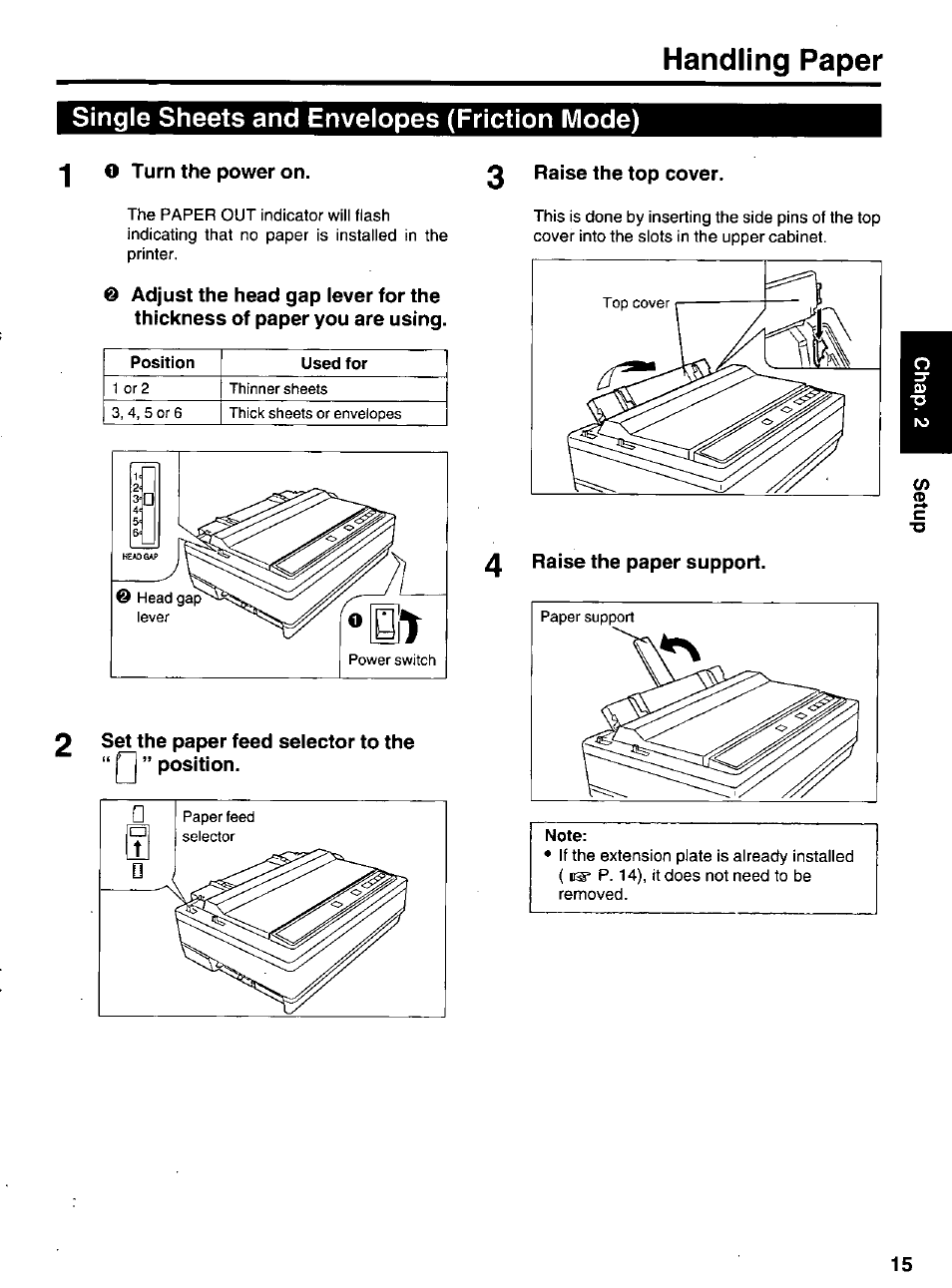 O turn the power on, Set the paper feed selector to the “ n ” position, Handling paper | Single sheets and envelopes (friction mode) | Panasonic KX-P 1131 User Manual | Page 15 / 44