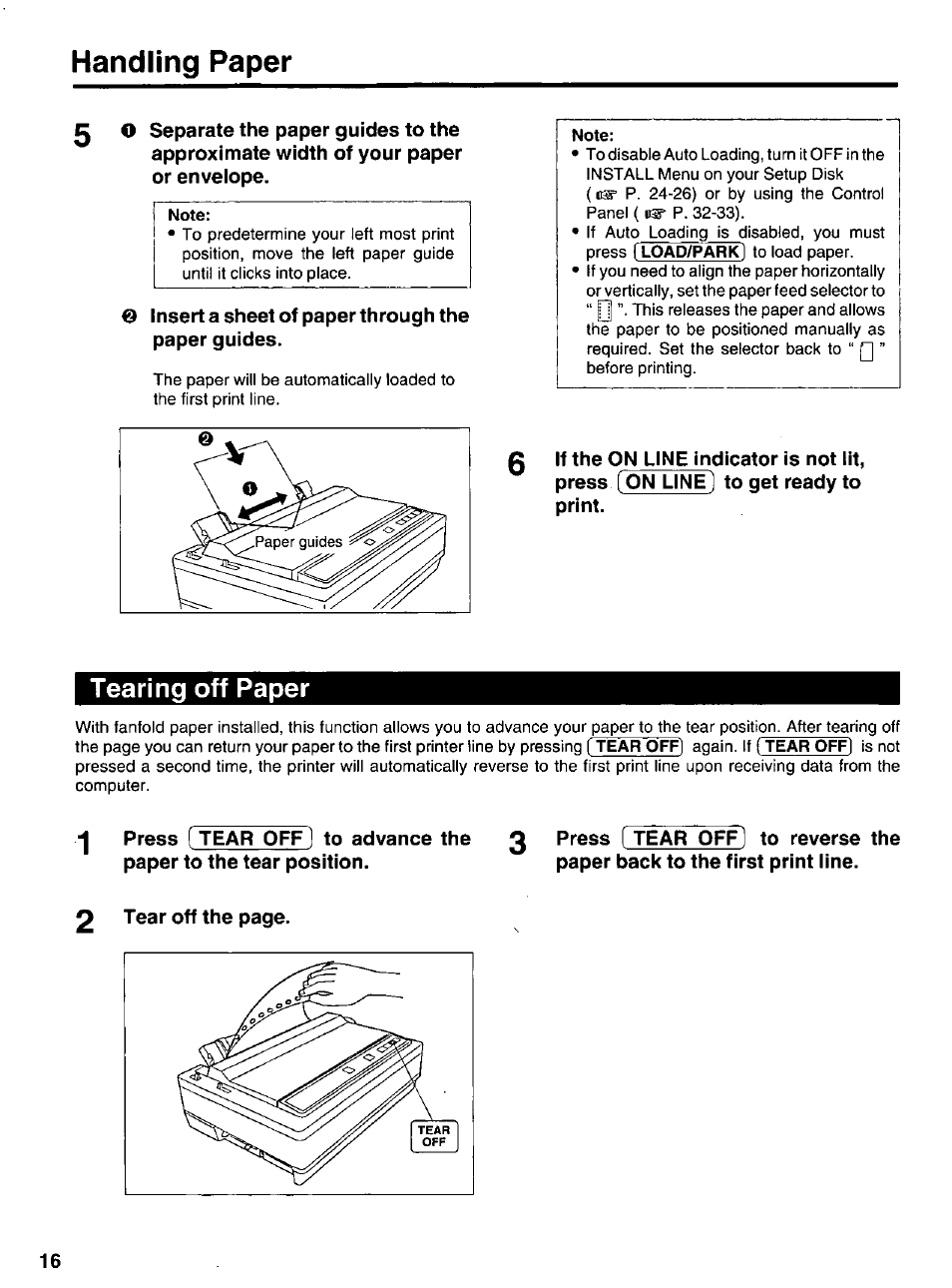 Tearing off paper, Handling paper | Panasonic KX-P 1131 User Manual | Page 16 / 44