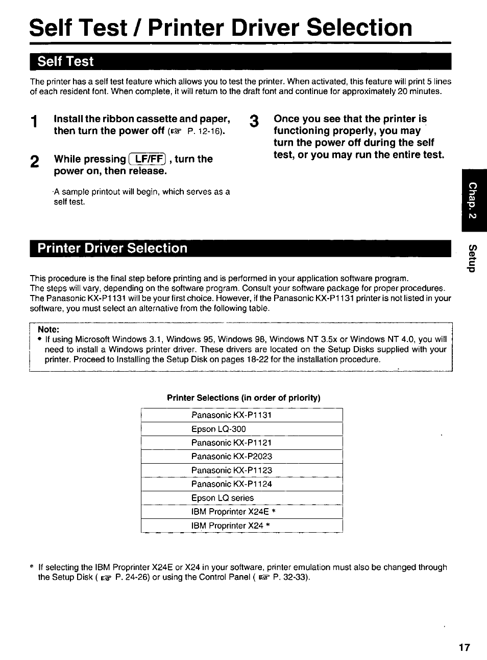Self test / printer driver selection, Self test, Printer driver selection | Note, Printer selections (in order of priority) | Panasonic KX-P 1131 User Manual | Page 17 / 44