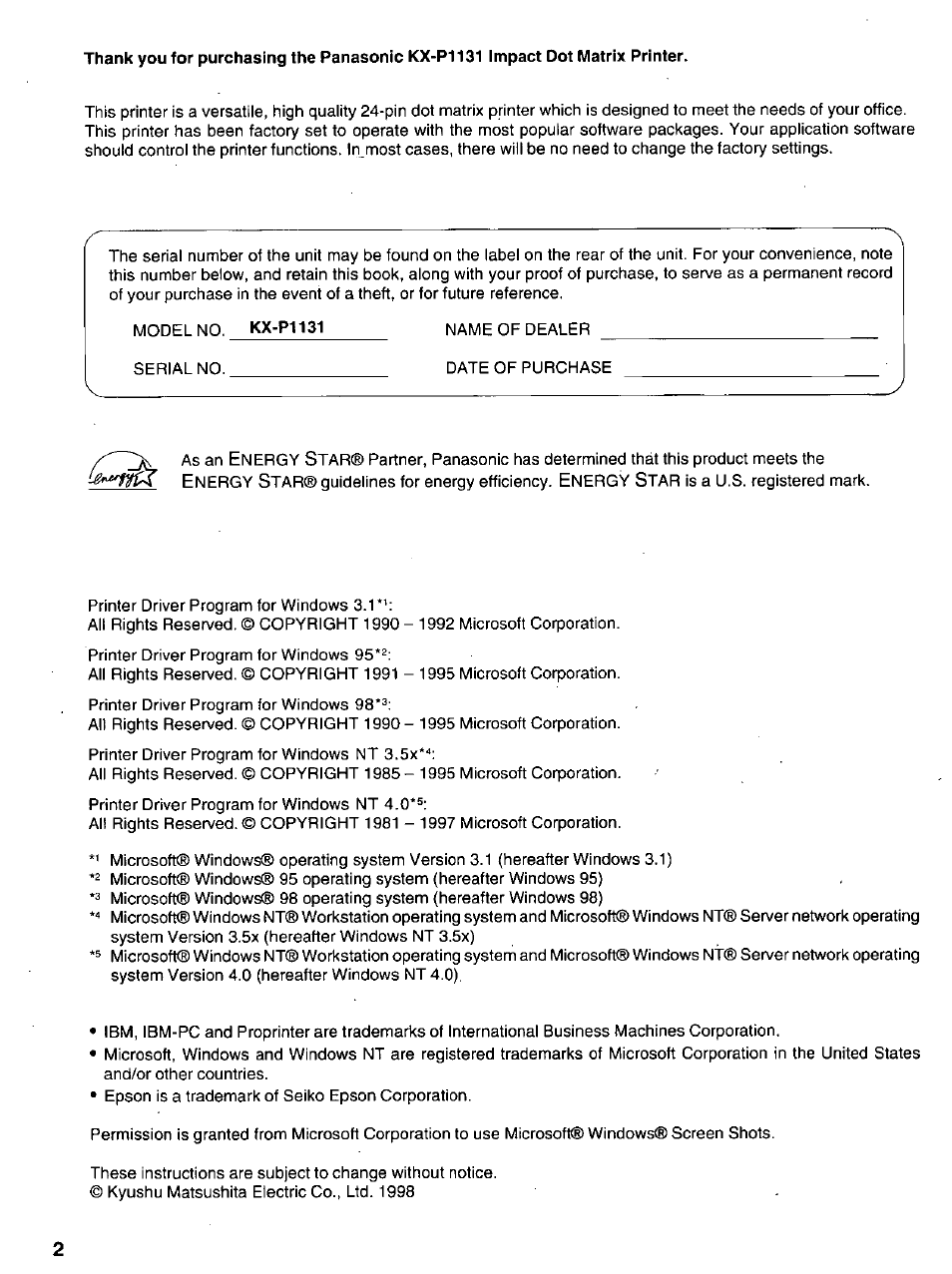 Panasonic KX-P 1131 User Manual | Page 2 / 44